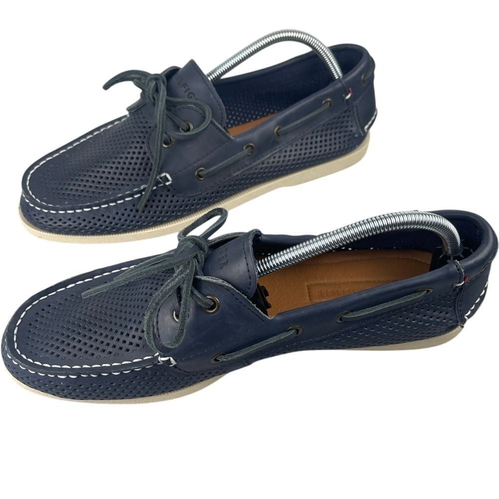 Tommy Hilfiger men's 10.5 navy blue and white boat shoes, deck loafers, leather